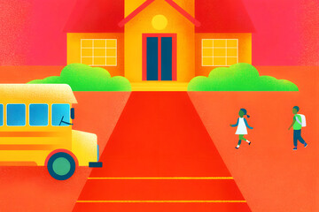 Naklejka premium Children walk joyfully to school, with a bright yellow bus waiting, creating a colorful scene