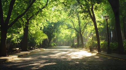 Fototapeta premium sunlit cobblestone path through lush green trees