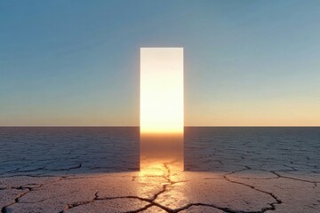 Glowing metallic monolith, cracked desert terrain, soft golden light, expansive clear sky, striking futuristic landscape art