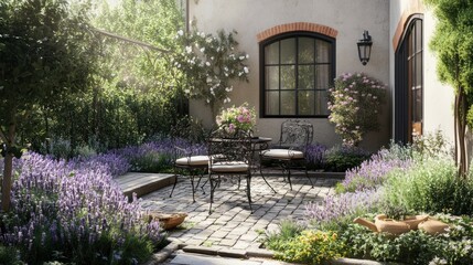Obraz premium Serene Courtyard Garden: Lavender, Roses, and Tranquil Seating