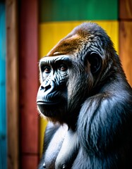 Obraz premium a gorilla in front of a colorful wooden wall