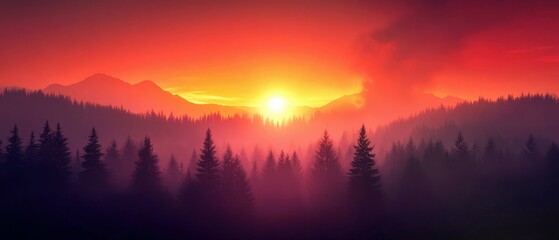 Obraz premium Vibrant Red Sky Over Dense Forest, Curling Smoke and Flashes of Orange Light on the Horizon, Captivating Nature Scene