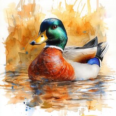 Male Mallard Duck In Watercolor Painting