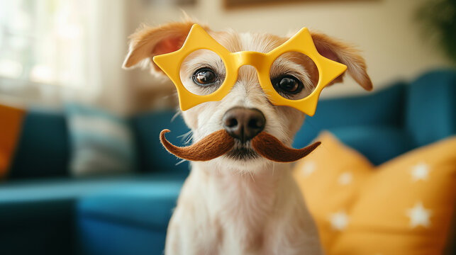 Funny dog wearing star-shaped glasses and a mustache for April Fools' Day