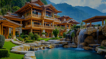 Obraz premium Luxurious wooden mansion nestled in mountains, featuring a stunning waterfall and private pool. Perfect for luxury travel, real estate, and architectural publications.