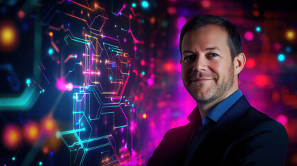 A confident man in professional attire standing against a vibrant digital background with illuminated circuits and neon-colored light trails, representing technology and innovation