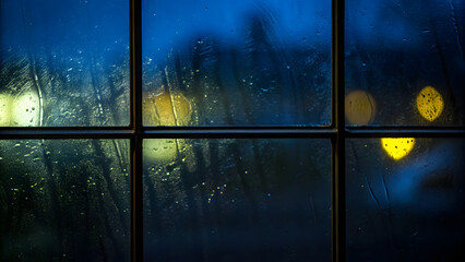 Exposure image showcasing a rainy window paired with blurred city lights in dark blue and yellow, evoking a moody, cinematic ambiance
