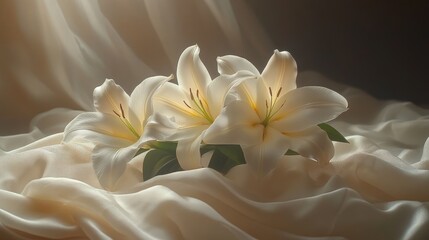 Elegant white lilies on silk, soft light, dark background, sympathy card