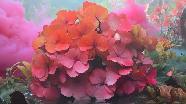 Vibrant Pink and Orange Hydrangea Blooms in Misty Garden