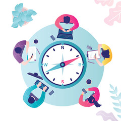 Office teamwork workers business management meeting and brainstorming on round table with compass, top view. Searching right way for development.