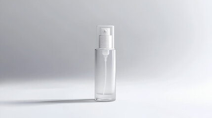 Clear glass spray bottle with white pump top.  Perfect for cosmetic or cleaning product packaging mockup.