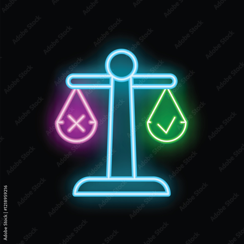 Poster neon scales are balancing a green check mark and a red cross mark, showing right and wrong choices