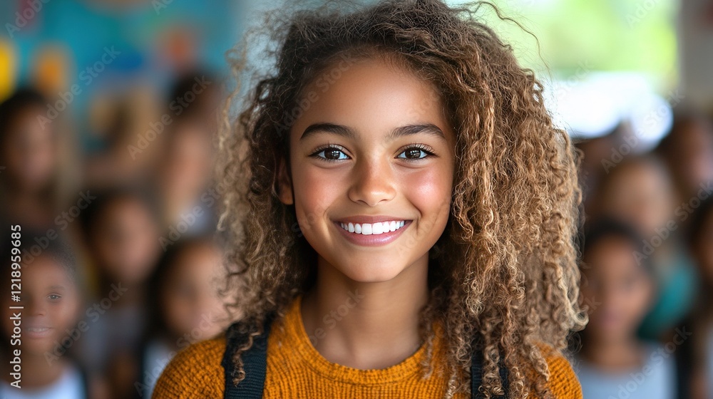 Poster smiling student with backpack in classroom with classmates