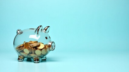 A transparent piggy bank filled with coins against a light blue background, symbolizing financial transparency and savings growth