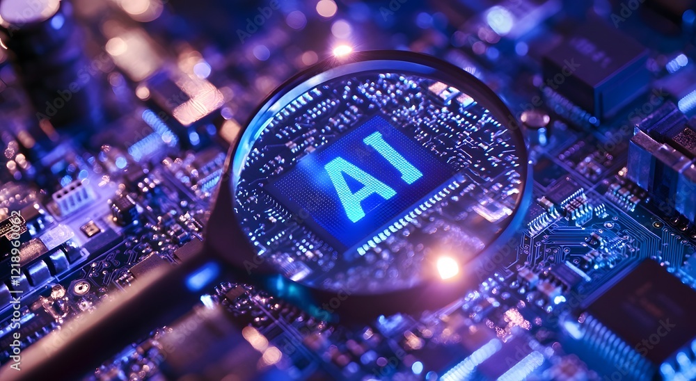 Aufkleber a magnifying glass highlights an advanced chip, representing future technology and symbolizing advan