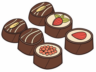 various chocolate pralines on white background. Assorted Chocolate Pralines Illustration - Perfect for Gourmet Desserts and Valentine's Day Designs.