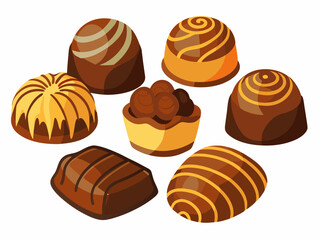 various chocolate pralines on white background. Assorted Chocolate Pralines Illustration - Perfect for Gourmet Desserts and Valentine's Day Designs.