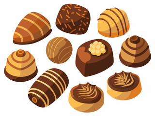various chocolate pralines on white background. Assorted Chocolate Pralines Illustration - Perfect for Gourmet Desserts and Valentine's Day Designs.