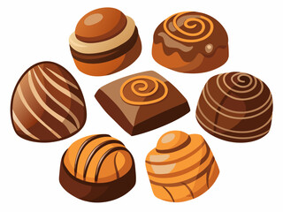 various chocolate pralines on white background. Assorted Chocolate Pralines Illustration - Perfect for Gourmet Desserts and Valentine's Day Designs.