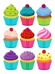 Colorful Cupcake Illustration Set with Creative Toppings - Perfect for Dessert and Party-Themed Designs.