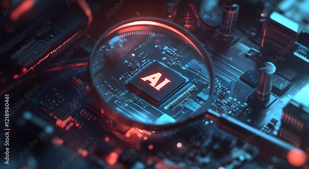 Poster a magnifying glass highlights an advanced chip, representing future technology and symbolizing advan