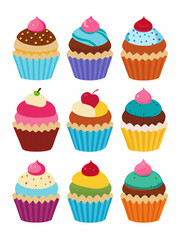 Colorful Cupcake Illustration Set with Creative Toppings - Perfect for Dessert and Party-Themed Designs.