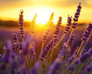 Obraz premium Vibrant Lavender Field Sunset- Golden Hour Photography