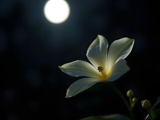 "Jasmine Flower Glowing Under Moonlight with White Petals in Sharp Focus Against Blurred Dark Background"