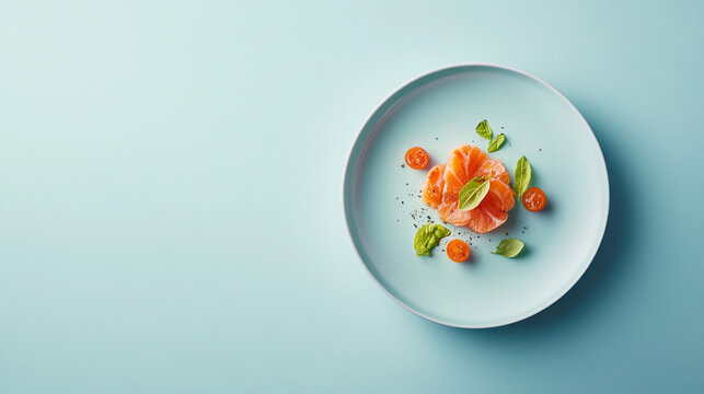 Delicious Salmon Sashimi Plate Elegant Food Styling Photography Fresh Herbs Blue Background menu - Powered by Adobe