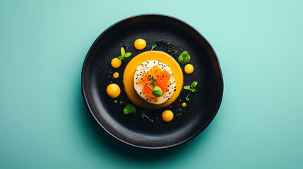 Elegant Gourmet Dish Black Plate Yellow Sauce Food Styling Restaurant meal tasty fresh dinner modern