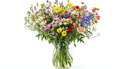 Obraz premium A colorful bouquet of fresh wildflowers in a glass vase on a white isolated background