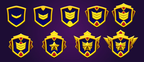 Award player emblem set. Gold game rank player level. Legend, epic achievements and badges. Metallic style gemstone, star. Fantasy, adventure.