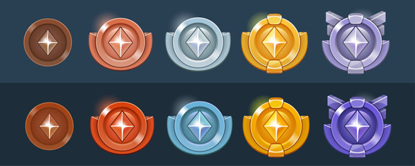 Colorful metallic game rank badges. Wood, bronze, cooper, golden, silver, silvered, platinum. Realistic, flat style.