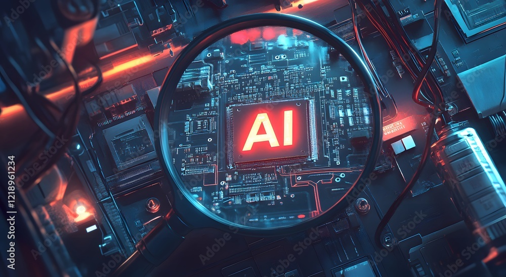 Aufkleber a magnifying glass highlights an advanced chip, representing future technology and symbolizing advan