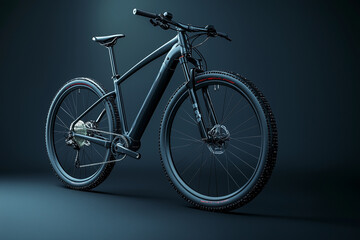 A sleek mountain bike showcasing modern design and high-performance features under dramatic lighting.