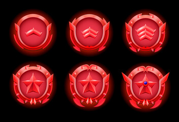 A set of level bronze achievement icons with wing insignia for game ranking badges. Realistic metallic illustration of award medals decorated with gemstones, wings and spikes.