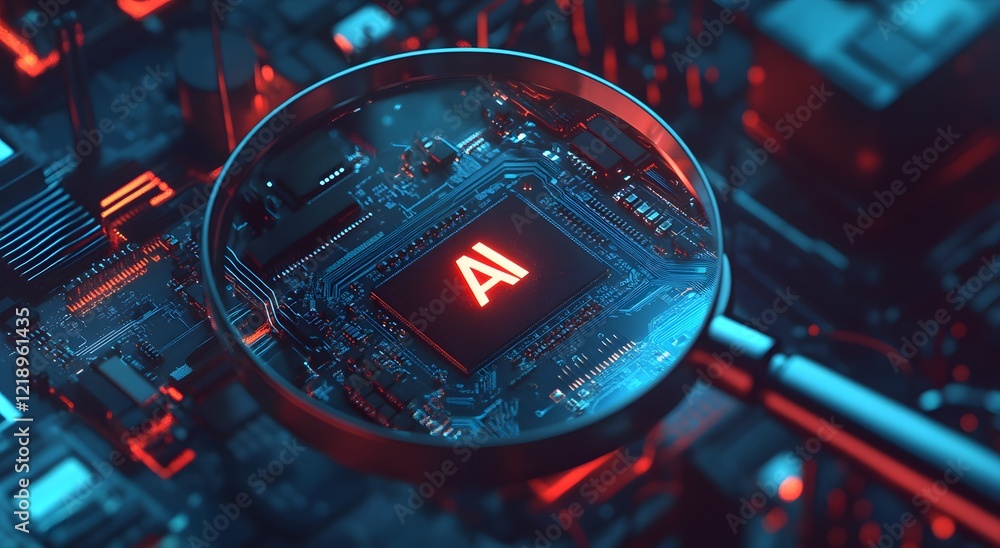 Poster a magnifying glass highlights an advanced chip, representing future technology and symbolizing advan