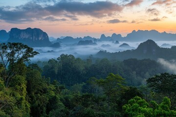 Misty Sunrise Over Lush Tropical Landscape