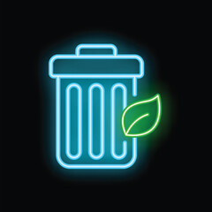 Neon trash can glowing with a green leaf symbolizing environmental responsibility