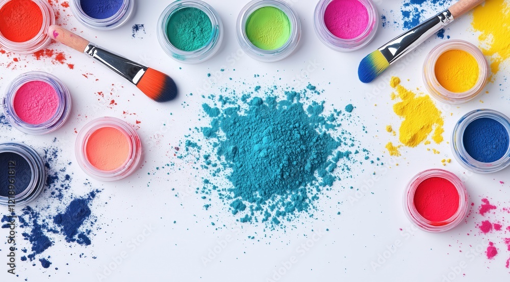 Poster vibrant pigment powders: an overhead shot showcasing an array of colorful pigment powders in small c