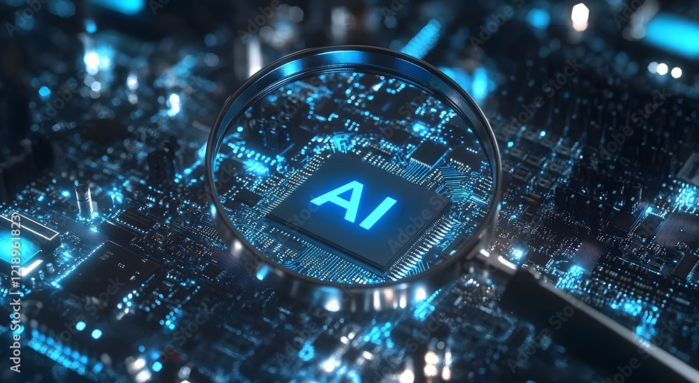 Poster a magnifying glass highlights an advanced chip, representing future technology and symbolizing advan