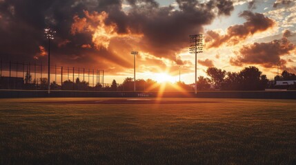 Empty baseball stadium at sunset, showcasing a serene and nostalgic atmosphere, symbolizing moments of reflection and anticipation in sports and life.
