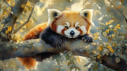 Obraz premium Red Panda Resting on Forest Branch