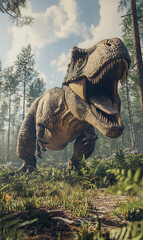 Fototapeta premium A powerful dinosaur roaring in a lush, prehistoric forest.