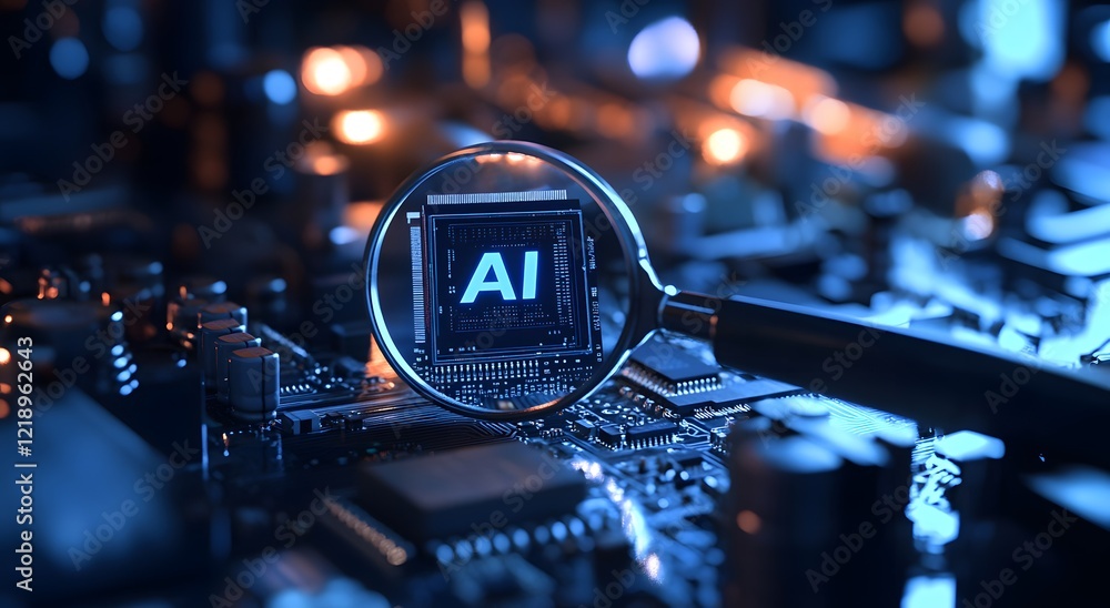 Aufkleber a magnifying glass highlights an advanced chip, representing future technology and symbolizing advan