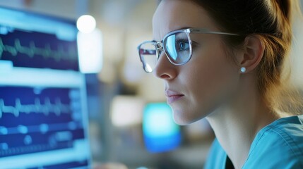 Medical professional in hospital office, analyzing virtual charts, patient records, glowing laptop, modern tablet, efficient workspace