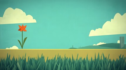 Obraz premium Single Orange Flower in Grassy Field Under Blue Sky with Clouds