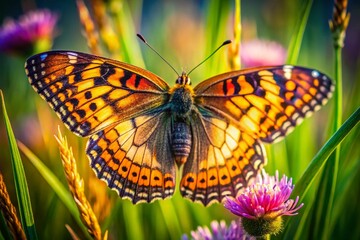 Fototapeta premium Macro Photography: Butterfly, Flower, Grass - Nature's Delicate Game