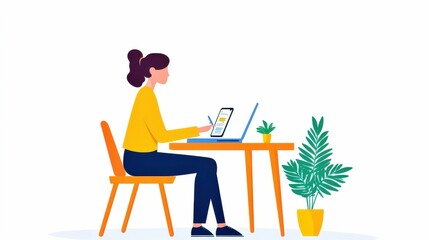 Remote worker at wooden desk, planning tasks on laptop, using productivity apps on smartphone, enhancing work efficiency