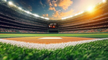 Professional baseball grand arena in sunlight